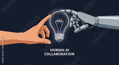 Human hand touching robot hand lightbulb.
