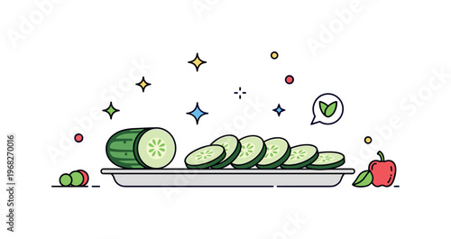 Cucumbers kitchen display scene where sliced cucumbers are arranged on a platter while tiny sparkle and star icons highlight presentation, freshness, and