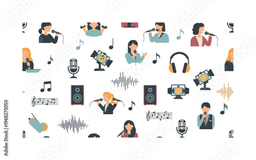voice icons seamless pattern, repeating pattern, surface design, textile print, modern illustration of singers, microphones, music notes, headphones, stage