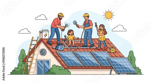 Vector illustration of a family with two adults and two children installing photovoltaic solar panels on a red tile roof of a house with hand tools for sustainable green energy.