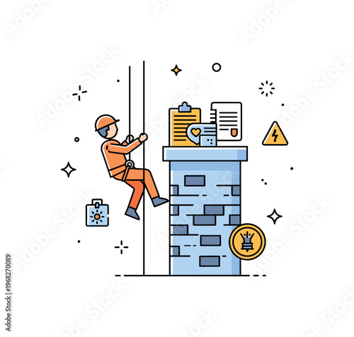 Chimney descent emergency evacuation drill concept where a person descends a confined space chimney while tiny sparkle and star icons highlight caution,
