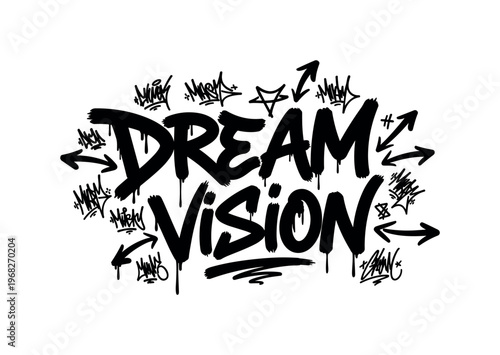 Dream Vision. lettering and all elements in black. Vector style. AWhite background. Pure white background. Perfect isolation and visual consistency. Elegant