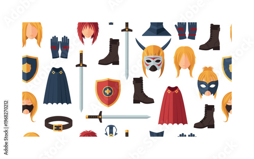 cosplay gear patterns seamless pattern, repeating pattern, surface design, textile print, modern illustration of wigs, swords, shields, masks, gloves, boots,