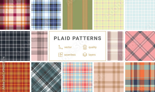 Plaid collection designed for fashion lifestyle products. The pack suits outerwear, skirts, jackets, and digital mockups. Seamless vectors feel continuous.