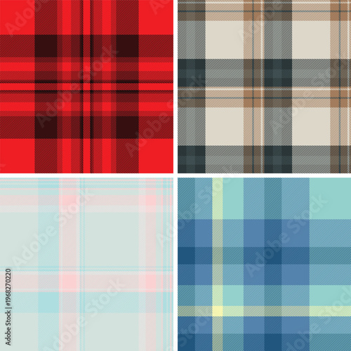 Festive plaid pattern pack tailored for New Year packaging. Coordinated tartan designs elevate boxes, tags, and gift items. Seamless vector repetition aligns perfectly.