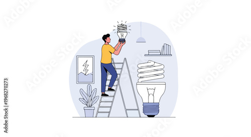 Flat Vector Illustration of a Man Standing on a Ladder Installing a Large Spiral Fluorescent Energy Saving Light Bulb in an Indoor Room with Houseplant and Bookshelf Decor