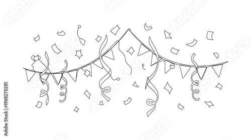 Festive Ambiance. Minimalistic one-line drawing party decorations with streamers and confetti floating, continuous single black line on white background,
