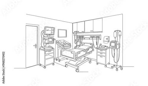 Maternity Care. Minimalistic one-line drawing delivery room with bed, medical monitors, and hospital equipment, continuous single black line on white