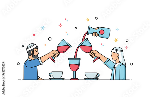 Passover traditions ceremonial wine pouring concept where cups are raised during the Seder while tiny sparkle and star icons highlight ritual, celebration, and