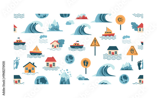 environmental risk seamless pattern, repeating pattern, surface design, textile print, modern illustration of waves, rising water, flooded houses, boats,
