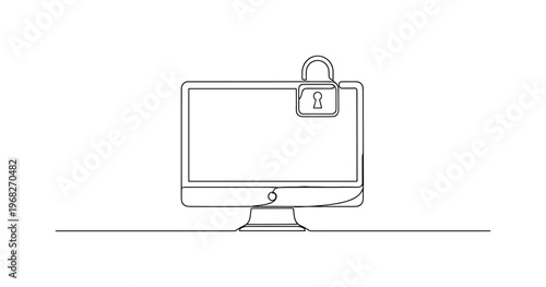 Encrypted Browsing. Minimalistic one-line drawing computer with secure connection icon, continuous single black line on white background, simple outline style,