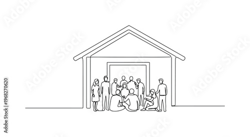 Community Evacuation. Minimalistic one-line drawing people gathering in shelter building, continuous single black line on white background, simple outline