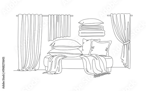 Home Fabric Decor. Minimalistic one-line drawing patterned cloths stacked or draped for interior, continuous single black line on white background, simple