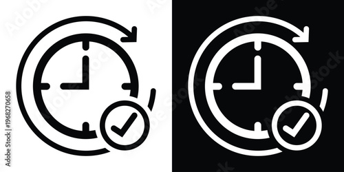 Time completion icon featuring a clock with a circular arrow and checkmark. Symbolizes successful task scheduling, deadline met, or recurring event confirmation in a clean vector style.
