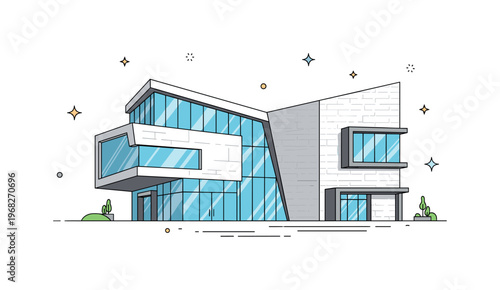 Modern architecture contemporary museum concept where angular walls, glass panels, and geometric design create a modern cultural space while tiny sparkle and