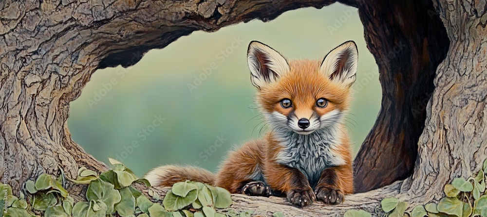 Fototapeta premium Charming Red Fox Cub Curled Up in a Cozy Tree Trunk, Captivating Nature s Beauty and Innocence