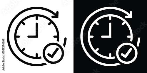 Time completion icon featuring a clock with a circular arrow and checkmark. Symbolizes successful task scheduling, deadline met, or recurring event confirmation in a clean vector style.