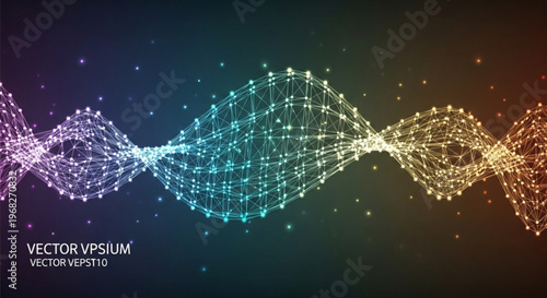 Vibrant multicolored wave of sparkling particles and lines on dark background with gradient symbolizing connection and technology