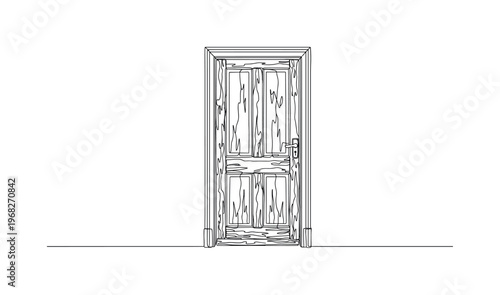 Antique Wooden Door. Minimalistic one-line drawing vintage door with faded surface and cracks, continuous single black line on white background, simple outline