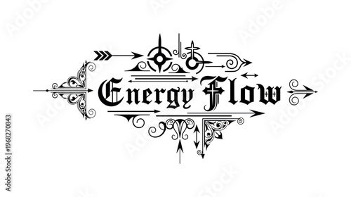 Energy Flow. lettering and all elements in black. Vector style. AWhite background. Pure white background. Perfect isolation and visual consistency.