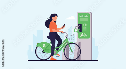 A woman in casual wear riding a green bicycle and using her phone next to a parking meter with many people in the background, in a modern urban setting with a light blue color scheme.