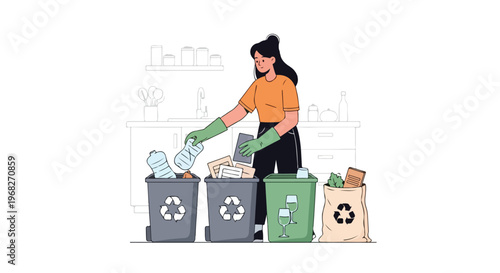 A woman in an orange shirt and green gloves sorting recyclables into labeled bins with many people implied in the background in a modern setting.
