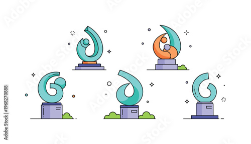 Sculpture sculpture park concept where multiple abstract and modern pieces are displayed outdoors while tiny sparkle and star icons highlight creativity,