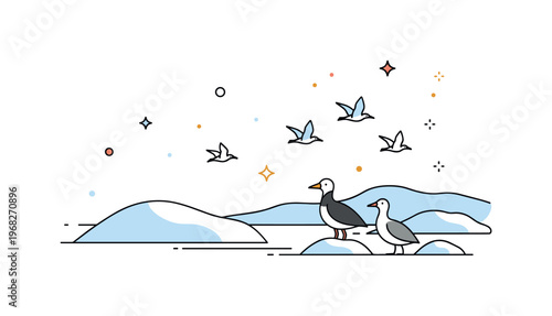 Siberia migratory birds scene where flocks fly over snowfields while tiny sparkle and star icons highlight movement, adaptation, and wildlife patterns. The