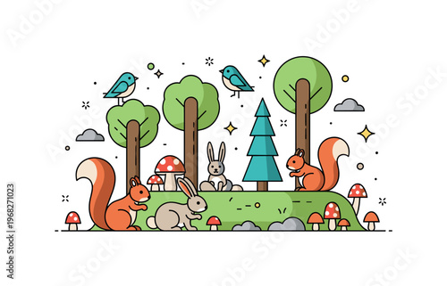 Forest animals playful forest concept where squirrels, rabbits, and birds interact near trees while tiny sparkle and star icons highlight ecosystem diversity,