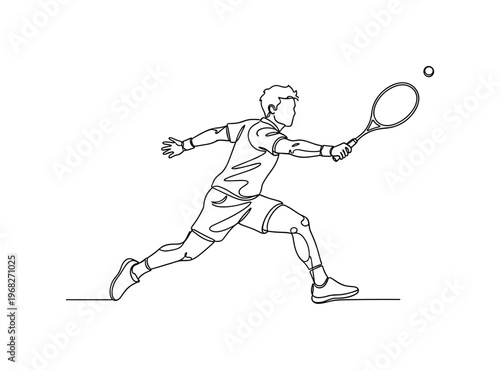 Racquet Sports Motion. Minimalistic one-line drawing player lunging to hit shuttle or ball, continuous single black line on white background, simple outline