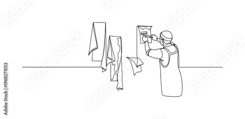 Old Wallpaper Strips. Minimalistic one-line drawing peeled wallpaper hanging from wall with person scraping, continuous single black line on white background,