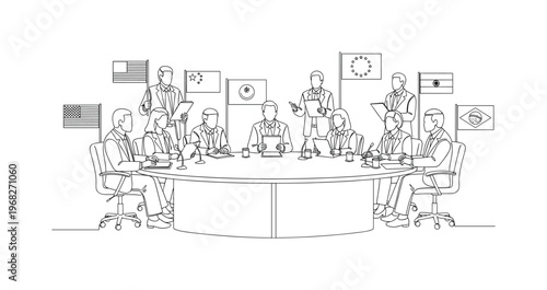 Global Policy Meeting. Minimalistic one-line drawing officials with documents and flags engaging in discussion, continuous single black line on white