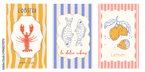 Hand draw la dolce vita vintage posters. Summer Italy. Amalfi. Vacation vector illustrations in ink line doodle sketch style postage stamps with image. Chalk style drawing for poster, placard, print