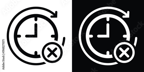 Time failure or cancellation icon showing a clock with a circular arrow and an "X" mark. Ideal for representing missed deadlines, expired time, or cancelled recurring appointments.
