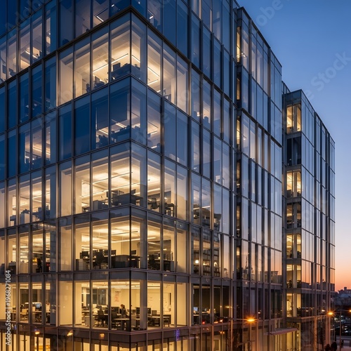 Modern urban building with illuminated interiors and glass facades at dusk