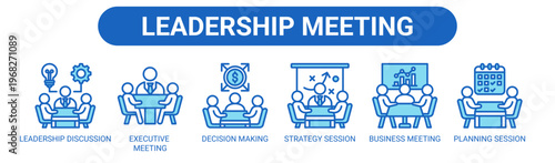 Leadership Meeting web banner icon vector illustration concept with icons of leadership discussion, executive meeting, decision making, strategy session, business meeting, and planning session.