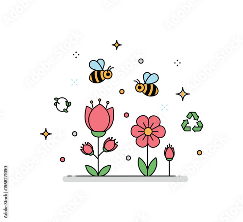 Spring flowers bee pollination concept where bees hover around blooming flowers while tiny sparkle and star icons highlight life, ecology, and natural growth.