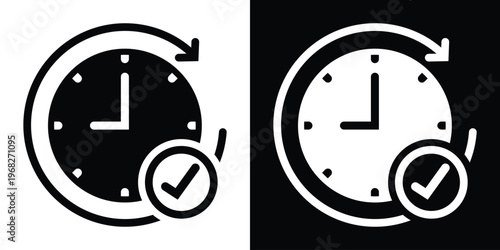 Time completion icon featuring a clock with a circular arrow and checkmark. Symbolizes successful task scheduling, deadline met, or recurring event confirmation in a clean vector style.