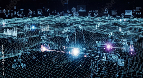 Futuristic digital network with glowing blue lines and nodes on a dark background representing technology and data visualization