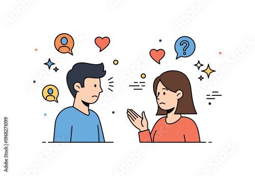 Emotional risks interpersonal scene where a person hesitates to express feelings to a friend while small sparkle and line icons emphasize vulnerability,
