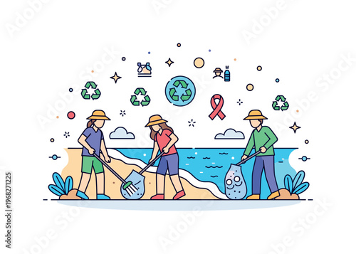 Environmental activism ocean protection scene where volunteers clean beaches or remove plastic while tiny sparkle and star icons highlight marine conservation,