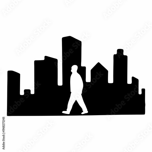 Silhouette of a pedestrian walking against city skyline, representing urban life