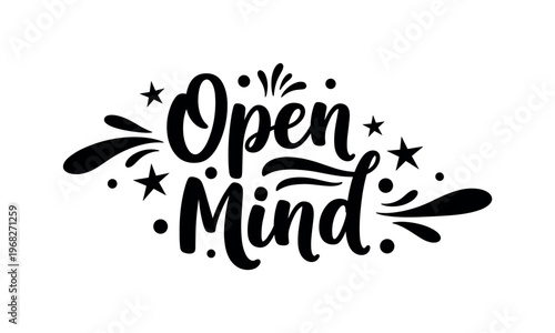 Open Mind. lettering and all elements in black. Vector style. AWhite background. Pure white background. Perfect isolation and visual consistency.