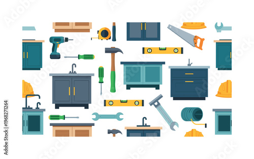 home improvement patterns seamless pattern, repeating pattern, surface design, textile print, modern illustration of kitchen cabinets, countertops, drills,