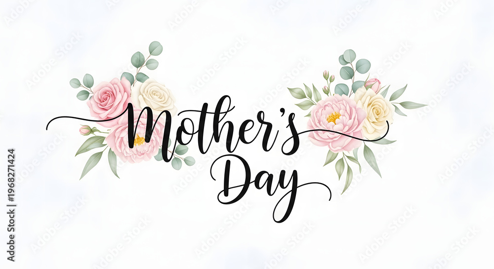 Obraz premium Mothers Day floral greeting card design with pink white roses and green leaves transparent background