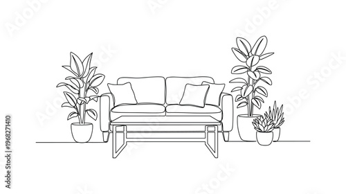Peaceful Living. Minimalistic one-line drawing sofa with cushions, coffee table, and indoor plants, continuous single black line on white background, simple