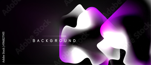 Abstract fluid shapes, purple hues, dark background. Modern design element, dynamic composition, gradient effects present.