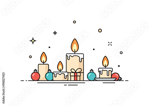Candle flame flickering festive ambiance concept where multiple candles flicker on a mantelpiece while tiny sparkle and star icons highlight warmth,