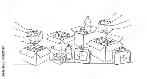 Humanitarian Relief. Minimalistic one-line drawing boxes of supplies with helping hands, continuous single black line on white background, simple outline