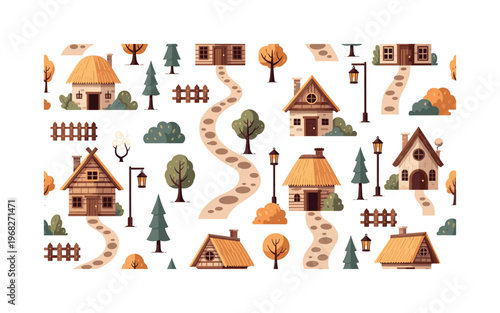 village motifs seamless pattern, repeating pattern, surface design, textile print, modern illustration of huts, wooden roofs, straw thatch, pathways, trees,